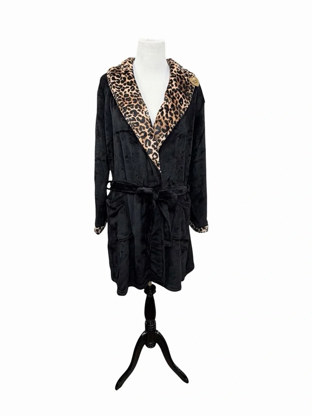 NWT Juicy Couture Plush Robe Black Leopard Print Embroidery Belted Plus Size 2X